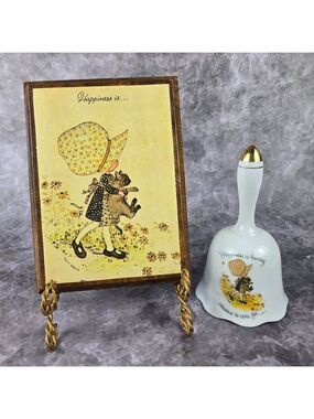 Vintage 1970's Porcelain Holly Hobbie Bell & Plaque "Happiness Is.." Collectible